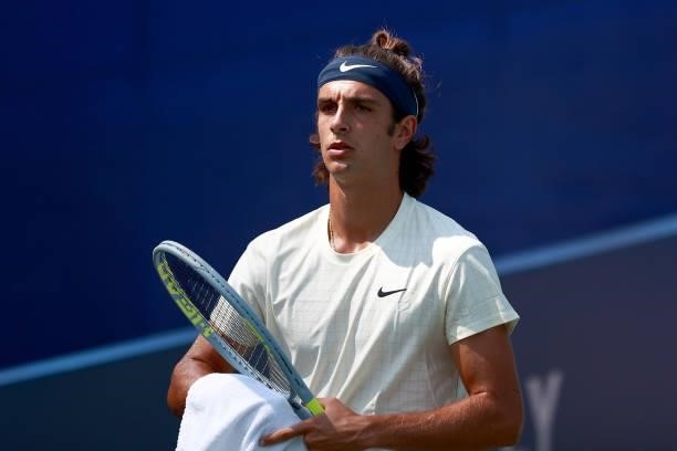 Lorenzo Musetti of Italy plays against Federico Coria of Argentina during the Winston-Salem Open at Wake Forest Tennis Complex on August 23, 2021 in...
