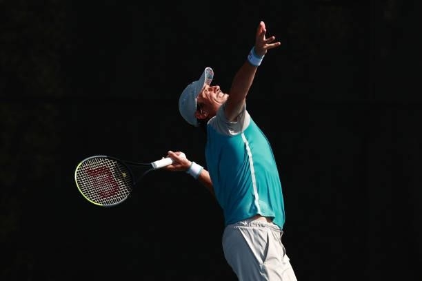 Guido Pella of Argentina serves to Jordan Thompson of Australia during the Winston-Salem Open at Wake Forest Tennis Complex on August 23, 2021 in...