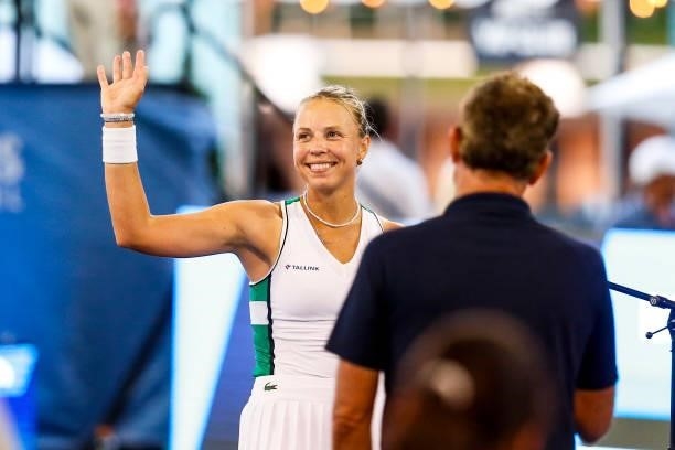 Anett Kontaveit of Estonia waves to fans after winning her match against Lauren Davis of the United States on Day 2 of the Cleveland Championships at...