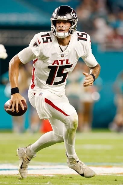 Feleipe Franks of the Atlanta Falcons in action against the Miami Dolphins during a preseason game at Hard Rock Stadium on August 21, 2021 in Miami...