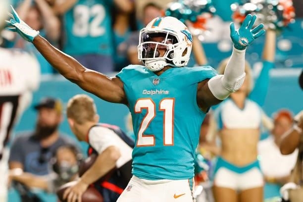 Eric Rowe of the Miami Dolphins reacts against the Atlanta Falcons during a preseason game at Hard Rock Stadium on August 21, 2021 in Miami Gardens,...