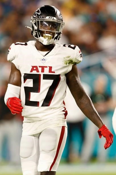 Richie Grant of the Atlanta Falcons in action against the Miami Dolphins during a preseason game at Hard Rock Stadium on August 21, 2021 in Miami...
