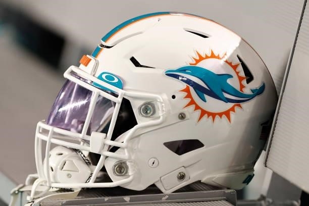 Detail of a Miami Dolphins helmet prior to the preseason game against the Atlanta Falcons at Hard Rock Stadium on August 21, 2021 in Miami Gardens,...