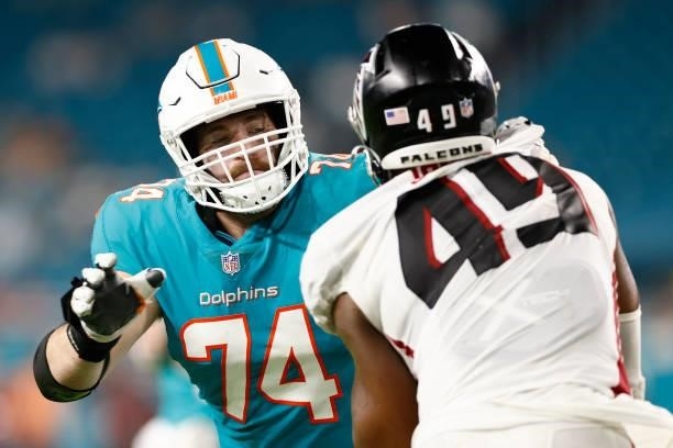 Liam Eichenberg of the Miami Dolphins in action against the Atlanta Falcons during a preseason game at Hard Rock Stadium on August 21, 2021 in Miami...