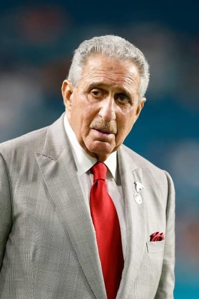 Owner Arthur Blank of the Atlanta Falcons looks on during a preseason game against the Miami Dolphins at Hard Rock Stadium on August 21, 2021 in...