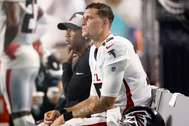Feleipe Franks of the Atlanta Falcons looks on against the Miami Dolphins during a preseason game at Hard Rock Stadium on August 21, 2021 in Miami...