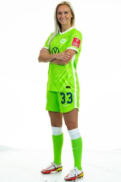 Turid Knaak of VfL Wolfsburg Women's poses during the team presentation at AOK Stadion on August 23, 2021 in Wolfsburg, Germany.
