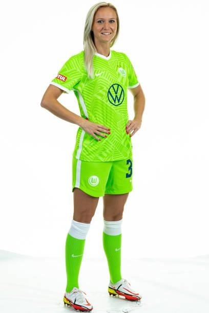 Turid Knaak of VfL Wolfsburg Women's poses during the team presentation at AOK Stadion on August 23, 2021 in Wolfsburg, Germany.