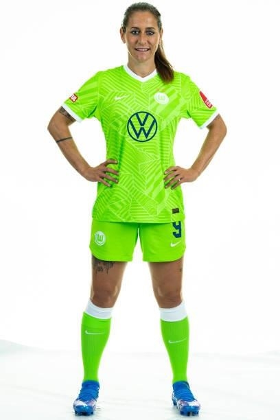 Anna Blaesse of VfL Wolfsburg Women's poses during the team presentation at AOK Stadion on August 23, 2021 in Wolfsburg, Germany.