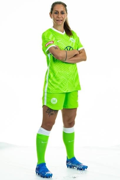 Anna Blaesse of VfL Wolfsburg Women's poses during the team presentation at AOK Stadion on August 23, 2021 in Wolfsburg, Germany.