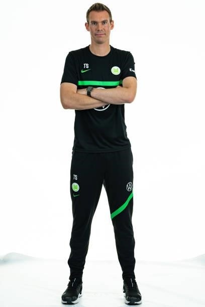 Head coach Tommy Stroot of VfL Wolfsburg Women's poses during the team presentation at AOK Stadion on August 23, 2021 in Wolfsburg, Germany.