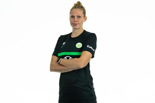 Kim Kulig of VfL Wolfsburg Women's poses during the team presentation at AOK Stadion on August 23, 2021 in Wolfsburg, Germany.