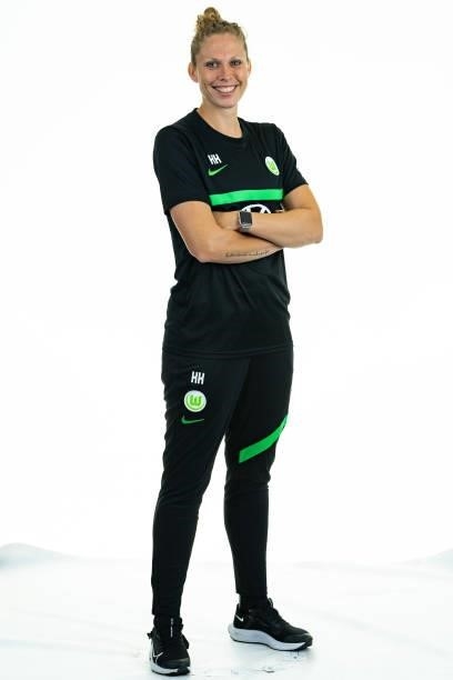 Kim Kulig of VfL Wolfsburg Women's poses during the team presentation at AOK Stadion on August 23, 2021 in Wolfsburg, Germany.