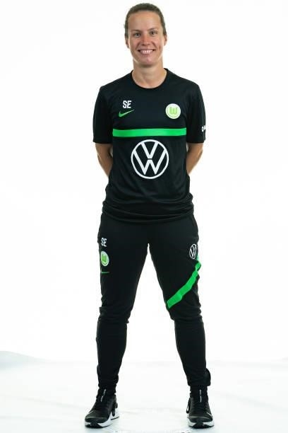 Sabrina Eckhoff of VfL Wolfsburg Women's poses during the team presentation at AOK Stadion on August 23, 2021 in Wolfsburg, Germany.