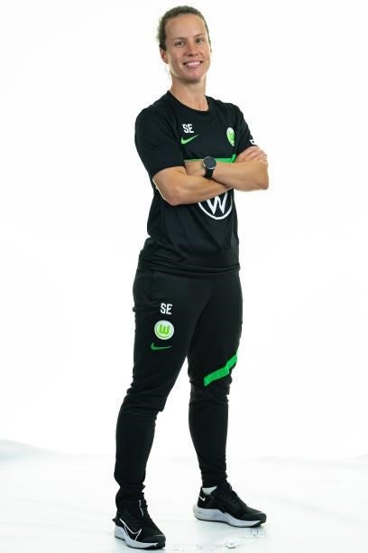 Sabrina Eckhoff of VfL Wolfsburg Women's poses during the team presentation at AOK Stadion on August 23, 2021 in Wolfsburg, Germany.