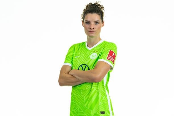 Dominique Janssen of VfL Wolfsburg Women's poses during the team presentation at AOK Stadion on August 23, 2021 in Wolfsburg, Germany.