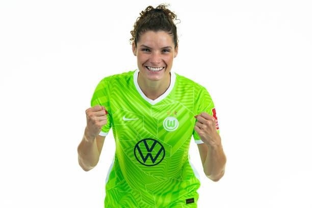 Dominique Janssen of VfL Wolfsburg Women's poses during the team presentation at AOK Stadion on August 23, 2021 in Wolfsburg, Germany.