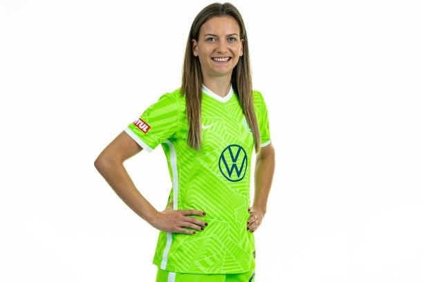 Joelle Wedemeyer of VfL Wolfsburg Women's poses during the team presentation at AOK Stadion on August 23, 2021 in Wolfsburg, Germany.