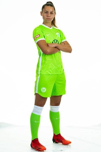 Lena Oberdorf of VfL Wolfsburg Women's poses during the team presentation at AOK Stadion on August 23, 2021 in Wolfsburg, Germany.