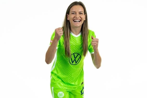Joelle Wedemeyer of VfL Wolfsburg Women's poses during the team presentation at AOK Stadion on August 23, 2021 in Wolfsburg, Germany.