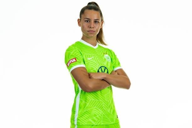 Lena Oberdorf of VfL Wolfsburg Women's poses during the team presentation at AOK Stadion on August 23, 2021 in Wolfsburg, Germany.
