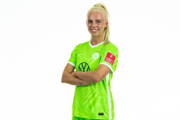 Sofie Svava of VfL Wolfsburg Women's poses during the team presentation at AOK Stadion on August 23, 2021 in Wolfsburg, Germany.