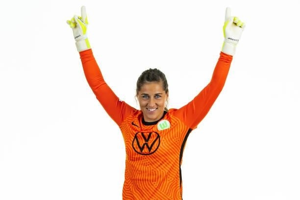 Lisa Weiss of VfL Wolfsburg Women's poses during the team presentation at AOK Stadion on August 23, 2021 in Wolfsburg, Germany.