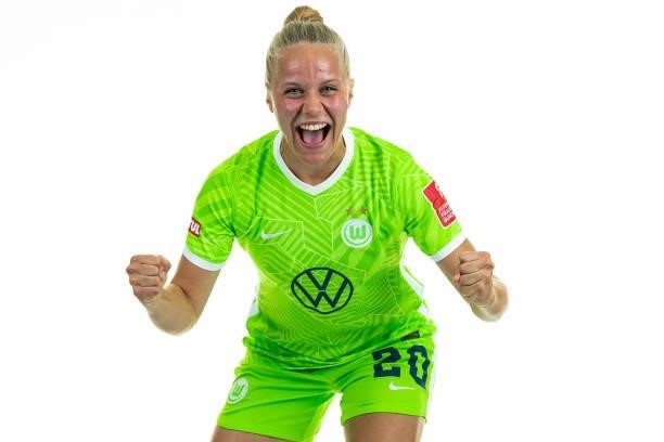 Pia Wolter of VfL Wolfsburg Women's poses during the team presentation at AOK Stadion on August 23, 2021 in Wolfsburg, Germany.