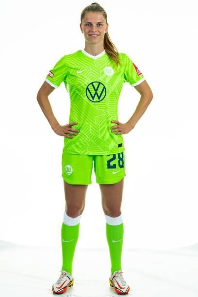 Tabea Wassmuth of VfL Wolfsburg Women's poses during the team presentation at AOK Stadion on August 23, 2021 in Wolfsburg, Germany.