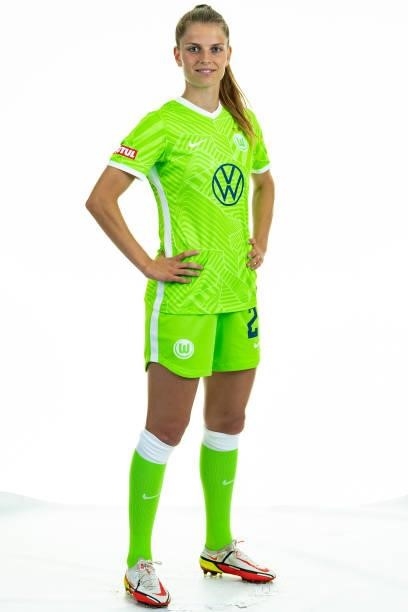 Tabea Wassmuth of VfL Wolfsburg Women's poses during the team presentation at AOK Stadion on August 23, 2021 in Wolfsburg, Germany.