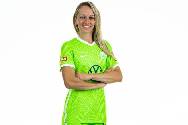 Kathrin Hendrich of VfL Wolfsburg Women's poses during the team presentation at AOK Stadion on August 23, 2021 in Wolfsburg, Germany.
