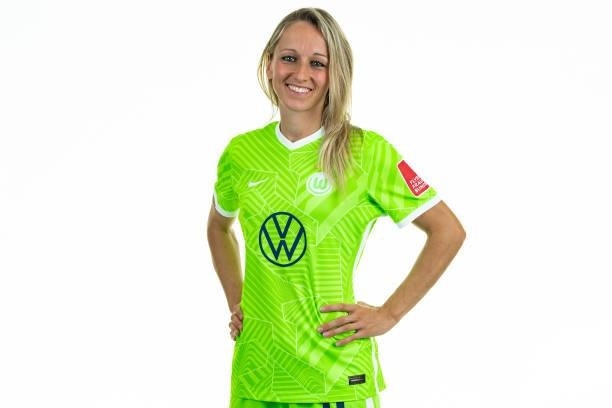 Kathrin Hendrich of VfL Wolfsburg Women's poses during the team presentation at AOK Stadion on August 23, 2021 in Wolfsburg, Germany.