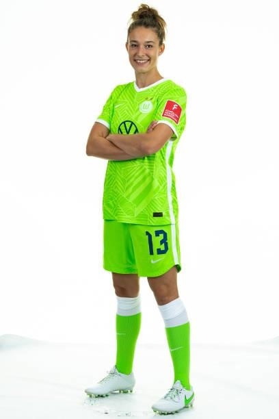 Felicitas Rauch of VfL Wolfsburg Women's poses during the team presentation at AOK Stadion on August 23, 2021 in Wolfsburg, Germany.