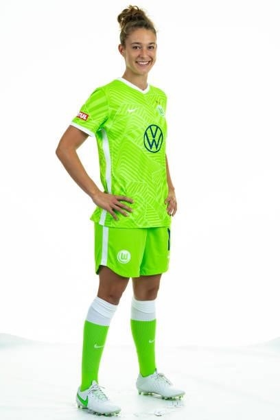 Felicitas Rauch of VfL Wolfsburg Women's poses during the team presentation at AOK Stadion on August 23, 2021 in Wolfsburg, Germany.