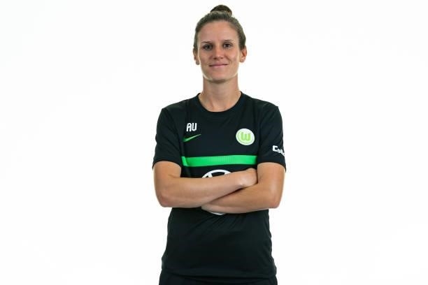 Alisa Vetterlein of VfL Wolfsburg Women's poses during the team presentation at AOK Stadion on August 23, 2021 in Wolfsburg, Germany.