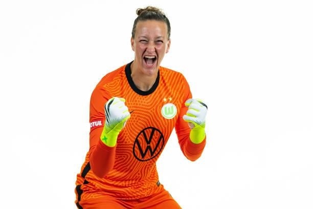 Almuth Schult of VfL Wolfsburg Women's poses during the team presentation at AOK Stadion on August 23, 2021 in Wolfsburg, Germany.