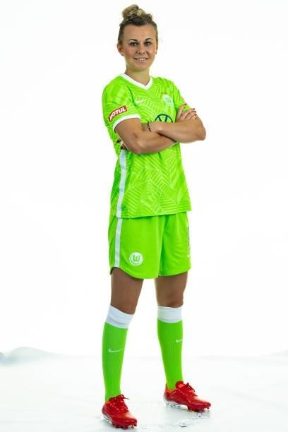 Lena Lattwein of VfL Wolfsburg Women's poses during the team presentation at AOK Stadion on August 23, 2021 in Wolfsburg, Germany.