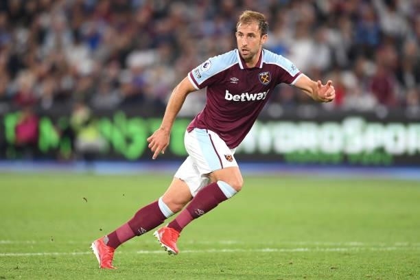 Craig Dawson of West Ham in action during the Premier League match between West Ham United and Leicester City at The London Stadium on August 23,...