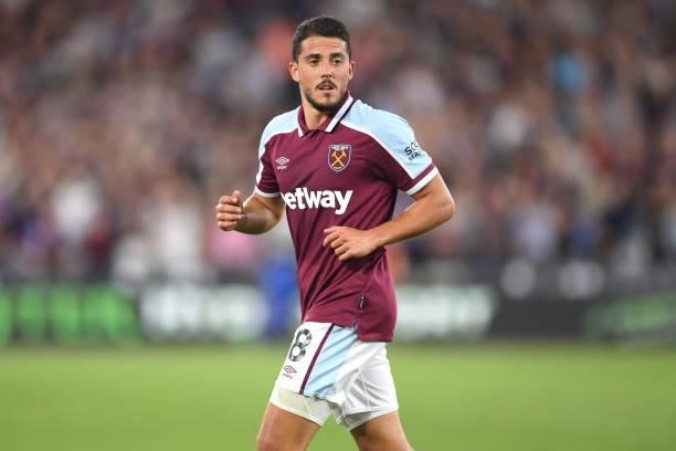 Pablo Fornals of West Ham in action during the Premier League match between West Ham United and Leicester City at The London Stadium on August 23,...