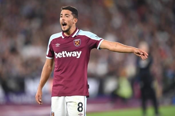 Pablo Fornals of West Ham in action during the Premier League match between West Ham United and Leicester City at The London Stadium on August 23,...