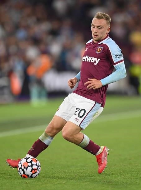 Jarrod Bowen of West Ham in action during the Premier League match between West Ham United and Leicester City at The London Stadium on August 23,...