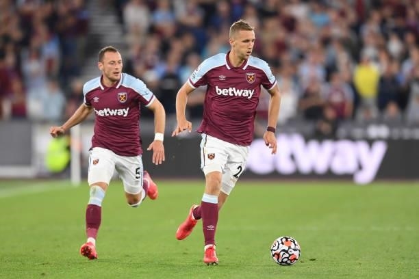 Vladimir Coufal and Tomas Soucek of West Ham and the Czech Republic in action during the Premier League match between West Ham United and Leicester...