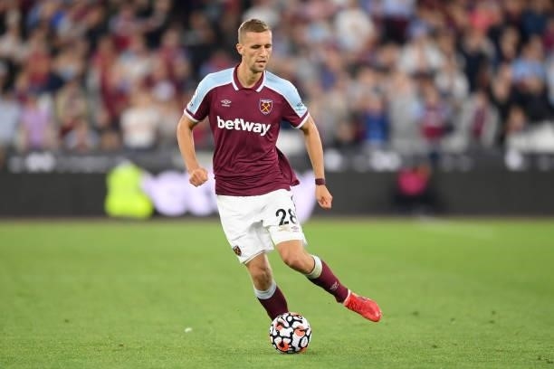 Tomas Soucek of West Ham in action during the Premier League match between West Ham United and Leicester City at The London Stadium on August 23,...