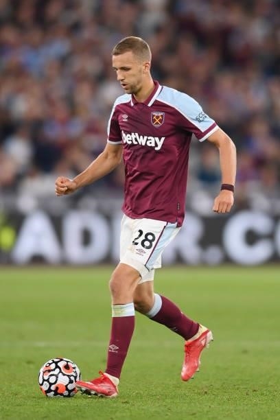 Tomas Soucek of West Ham in action during the Premier League match between West Ham United and Leicester City at The London Stadium on August 23,...