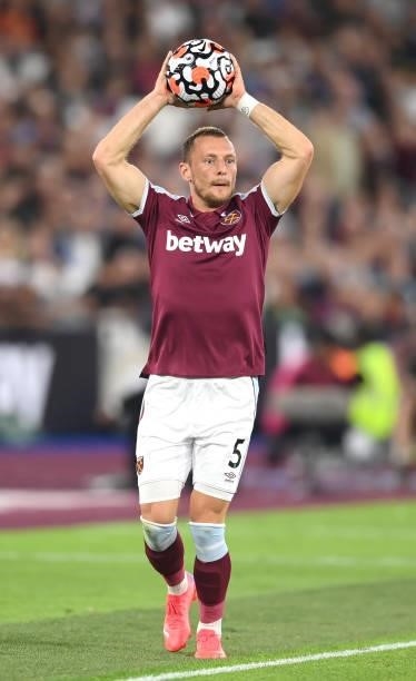 Vladimir Coufal of West Ham in action during the Premier League match between West Ham United and Leicester City at The London Stadium on August 23,...