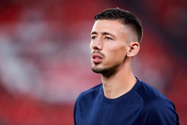 Clement Lenglet of FC Barcelona reacts during the LaLiga Santander match between Athletic Club and FC Barcelona at San Mames Stadium on August 21,...