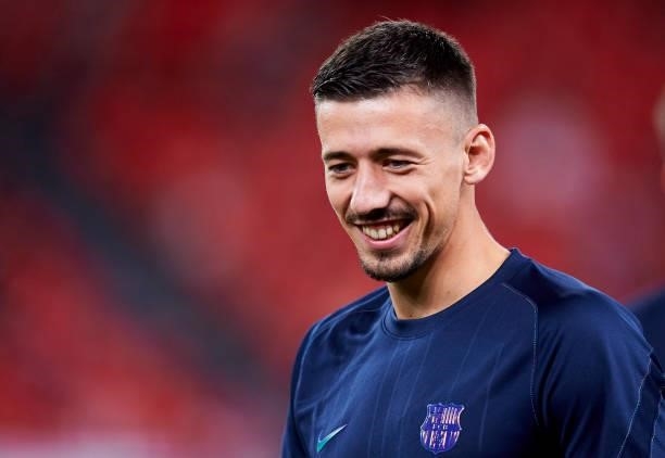 Clement Lenglet of FC Barcelona reacts during the LaLiga Santander match between Athletic Club and FC Barcelona at San Mames Stadium on August 21,...