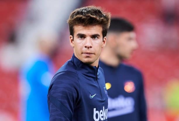 Riqui Puig of FC Barcelona reacts during the LaLiga Santander match between Athletic Club and FC Barcelona at San Mames Stadium on August 21, 2021 in...