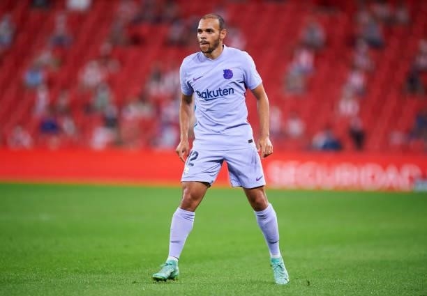 Martin Braithwaite of FC Barcelona reacts during the LaLiga Santander match between Athletic Club and FC Barcelona at San Mames Stadium on August 21,...
