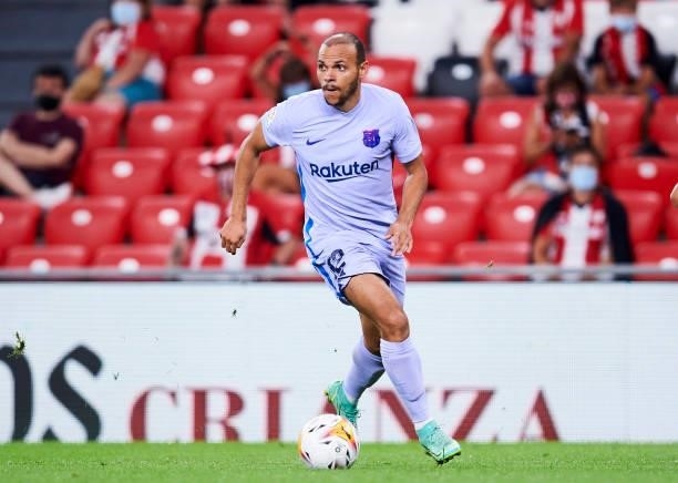Martin Braithwaite of FC Barcelona in action during the LaLiga Santander match between Athletic Club and FC Barcelona at San Mames Stadium on August...